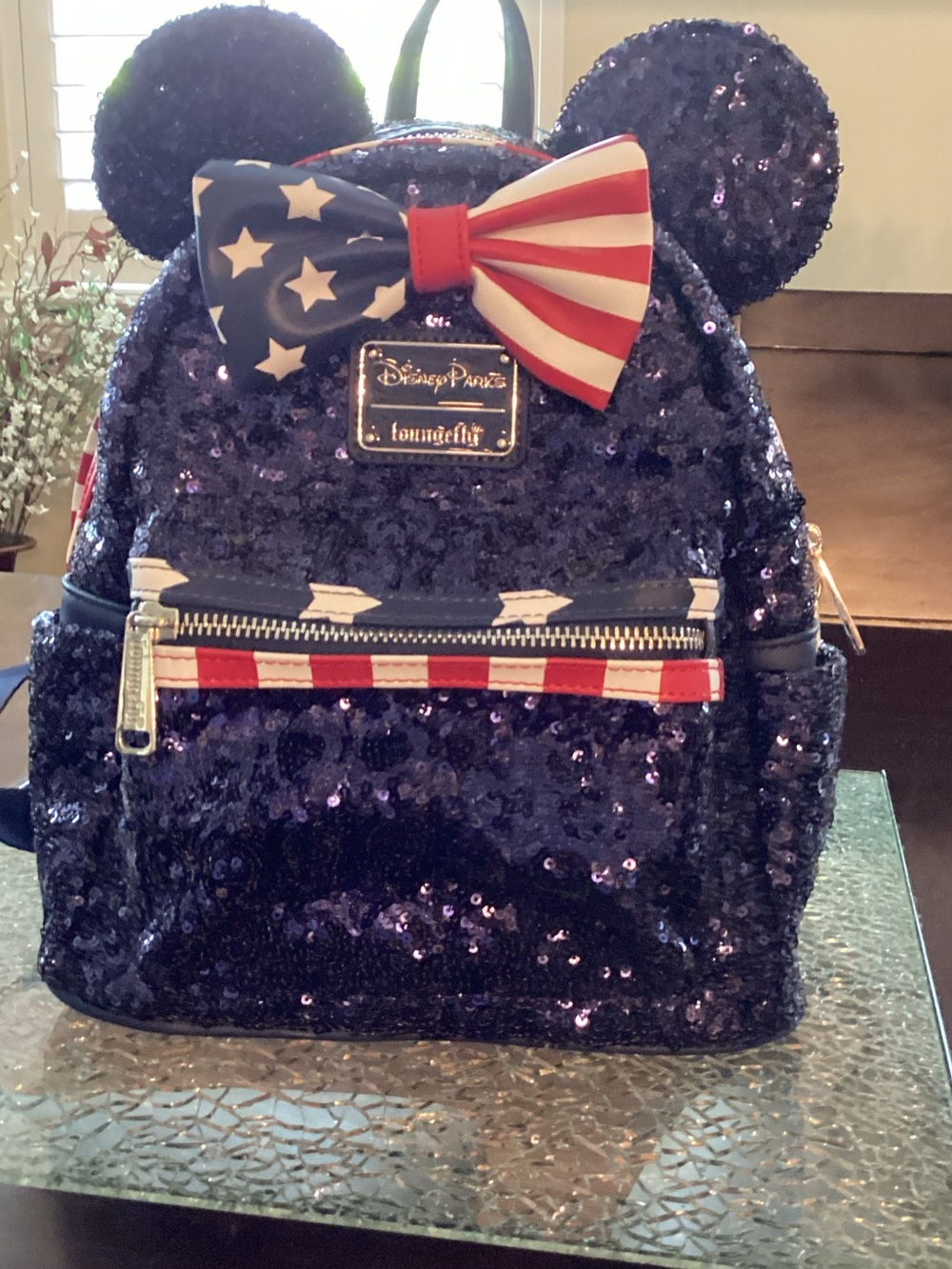 Disney navy blue Sequin Minnie Ear Backpack with Red White Blue Bow - Picture 6 of 9